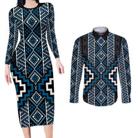 Azure Tukutuku Pattern Aotearoa Couples Matching Long Sleeve Bodycon Dress and Long Sleeve Button Shirt Niho Taniwha and Puhoro Motifs