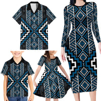 Azure Tukutuku Pattern Aotearoa Family Matching Long Sleeve Bodycon Dress and Hawaiian Shirt Niho Taniwha and Puhoro Motifs LT7 - Polynesian Pride