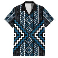 Azure Tukutuku Pattern Aotearoa Family Matching Off The Shoulder Long Sleeve Dress and Hawaiian Shirt Niho Taniwha and Puhoro Motifs LT7 Dad's Shirt - Short Sleeve Blue - Polynesian Pride