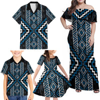 Azure Tukutuku Pattern Aotearoa Family Matching Off Shoulder Maxi Dress and Hawaiian Shirt Niho Taniwha and Puhoro Motifs LT7 - Polynesian Pride