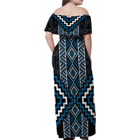 Azure Tukutuku Pattern Aotearoa Family Matching Off Shoulder Maxi Dress and Hawaiian Shirt Niho Taniwha and Puhoro Motifs LT7 - Polynesian Pride