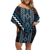 Azure Tukutuku Pattern Aotearoa Family Matching Off Shoulder Short Dress and Hawaiian Shirt Niho Taniwha and Puhoro Motifs LT7 Mom's Dress Blue - Polynesian Pride