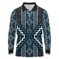 Azure Tukutuku Pattern Aotearoa Long Sleeve Polo Shirt Niho Taniwha and Puhoro Motifs