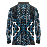 Azure Tukutuku Pattern Aotearoa Long Sleeve Polo Shirt Niho Taniwha and Puhoro Motifs