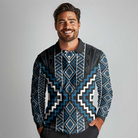 Azure Tukutuku Pattern Aotearoa Long Sleeve Polo Shirt Niho Taniwha and Puhoro Motifs