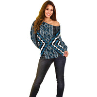 Azure Tukutuku Pattern Aotearoa Off Shoulder Sweater Niho Taniwha and Puhoro Motifs