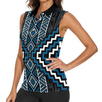 Azure Tukutuku Pattern Aotearoa Women Sleeveless Polo Shirt Niho Taniwha and Puhoro Motifs