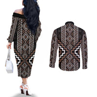 Classic Tukutuku Pattern Aotearoa Couples Matching Off The Shoulder Long Sleeve Dress and Long Sleeve Button Shirt Niho Taniwha and Puhoro Motifs