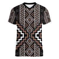 Classic Tukutuku Pattern Aotearoa Women V-Neck T-Shirt Niho Taniwha and Puhoro Motifs