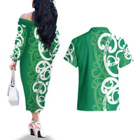 Pounamu Green Maori Couples Matching Off The Shoulder Long Sleeve Dress and Hawaiian Shirt Koru Kowhaiwhai LT7 - Polynesian Pride
