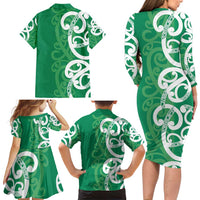 Pounamu Green Maori Family Matching Long Sleeve Bodycon Dress and Hawaiian Shirt Koru Kowhaiwhai LT7 - Polynesian Pride