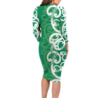 Pounamu Green Maori Family Matching Long Sleeve Bodycon Dress and Hawaiian Shirt Koru Kowhaiwhai LT7 - Polynesian Pride