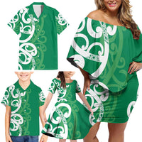 Pounamu Green Maori Family Matching Off Shoulder Short Dress and Hawaiian Shirt Koru Kowhaiwhai LT7 - Polynesian Pride
