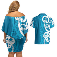 Azure Blue Maori Couples Matching Off Shoulder Short Dress and Hawaiian Shirt Koru Kowhaiwhai - Polynesian Pride
