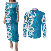 Azure Blue Maori Couples Matching Puletasi and Long Sleeve Button Shirt Koru Kowhaiwhai - Polynesian Pride