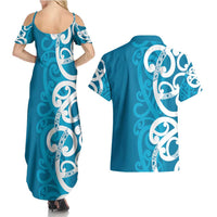 Azure Blue Maori Couples Matching Summer Maxi Dress and Hawaiian Shirt Koru Kowhaiwhai - Polynesian Pride