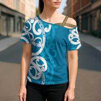 Azure Blue Maori Cross Shoulder Shirt Koru Kowhaiwhai - Polynesian Pride