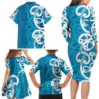 Azure Blue Maori Family Matching Long Sleeve Bodycon Dress and Hawaiian Shirt Koru Kowhaiwhai LT7 - Polynesian Pride