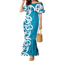 Azure Blue Maori Family Matching Mermaid Dress and Hawaiian Shirt Koru Kowhaiwhai LT7 Mom's Dress Blue - Polynesian Pride