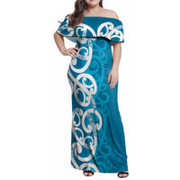 Azure Blue Maori Family Matching Off Shoulder Maxi Dress and Hawaiian Shirt Koru Kowhaiwhai LT7 Mom's Dress Blue - Polynesian Pride