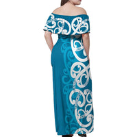 Azure Blue Maori Family Matching Off Shoulder Maxi Dress and Hawaiian Shirt Koru Kowhaiwhai LT7 - Polynesian Pride