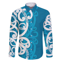 Azure Blue Maori Family Matching Summer Maxi Dress and Hawaiian Shirt Koru Kowhaiwhai LT7 Dad's Shirt - Long Sleeve Blue - Polynesian Pride
