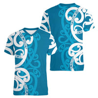 Azure Blue Maori Women V-Neck T-Shirt Koru Kowhaiwhai - Polynesian Pride