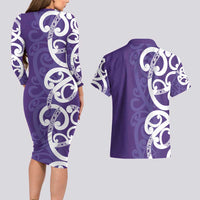 Violet Green Maori Couples Matching Long Sleeve Bodycon Dress and Hawaiian Shirt Koru Kowhaiwhai - Polynesian Pride