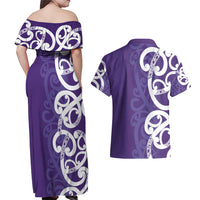 Violet Green Maori Couples Matching Off Shoulder Maxi Dress and Hawaiian Shirt Koru Kowhaiwhai - Polynesian Pride