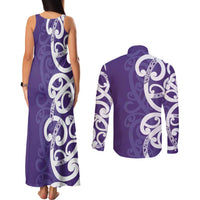 Violet Green Maori Couples Matching Tank Maxi Dress and Long Sleeve Button Shirt Koru Kowhaiwhai - Polynesian Pride