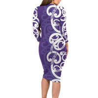Violet Green Maori Family Matching Long Sleeve Bodycon Dress and Hawaiian Shirt Koru Kowhaiwhai LT7 - Polynesian Pride