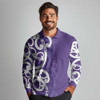 Violet Green Maori Long Sleeve Polo Shirt Koru Kowhaiwhai - Polynesian Pride