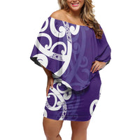 Violet Green Maori Off Shoulder Short Dress Koru Kowhaiwhai - Polynesian Pride