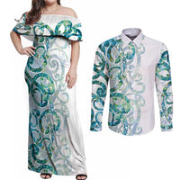 Paua Shell Maori Couples Matching Off Shoulder Maxi Dress and Long Sleeve Button Shirt Koru Kowhaiwhai - Polynesian Pride