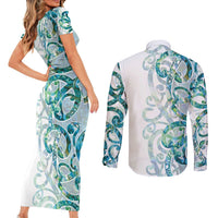 Paua Shell Maori Couples Matching Short Sleeve Bodycon Dress and Long Sleeve Button Shirt Koru Kowhaiwhai - Polynesian Pride
