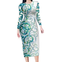 Paua Shell Maori Family Matching Long Sleeve Bodycon Dress and Hawaiian Shirt Koru Kowhaiwhai LT7 Mom's Dress White - Polynesian Pride