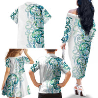 Paua Shell Maori Family Matching Off The Shoulder Long Sleeve Dress and Hawaiian Shirt Koru Kowhaiwhai LT7 - Polynesian Pride