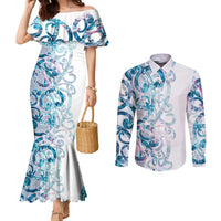 Turquoise Paua Shell Maori Couples Matching Mermaid Dress and Long Sleeve Button Shirt Koru Kowhaiwhai - Polynesian Pride