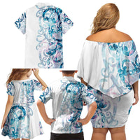 Turquoise Paua Shell Maori Family Matching Off Shoulder Short Dress and Hawaiian Shirt Koru Kowhaiwhai LT7 - Polynesian Pride