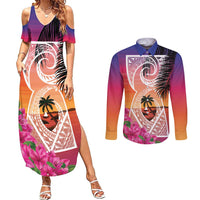 Guam Chamorro Couples Matching Summer Maxi Dress and Long Sleeve Button Shirt Artsy Latte Stone