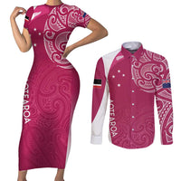 Personalised New Zealand Rugby Couples Matching Short Sleeve Bodycon Dress and Long Sleeve Button Shirt Aotearoa Champions - Pink Version LT7 Pink - Polynesian Pride