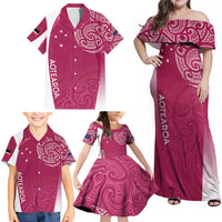 Personalised New Zealand Rugby Family Matching Off Shoulder Maxi Dress and Hawaiian Shirt Aotearoa Champions - Pink Version LT7 - Polynesian Pride