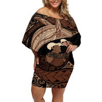 Father's Day Polynesian Pattern Off Shoulder Short Dress Tropical Humpback Whale LT7 Women Brown - Polynesian Pride