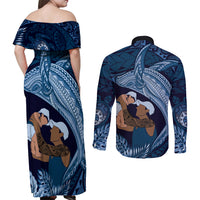 Father's Day Polynesian Pattern Couples Matching Off Shoulder Maxi Dress and Long Sleeve Button Shirt Tropical Humpback Whale - Navy