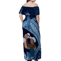 Father's Day Polynesian Pattern Off Shoulder Maxi Dress Tropical Humpback Whale - Navy
