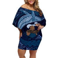 Father's Day Polynesian Pattern Off Shoulder Short Dress Tropical Humpback Whale - Navy LT7 Women Navy Blue - Polynesian Pride