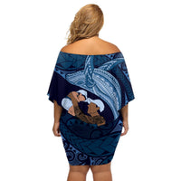 Father's Day Polynesian Pattern Off Shoulder Short Dress Tropical Humpback Whale - Navy LT7 - Polynesian Pride