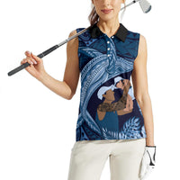 Father's Day Polynesian Pattern Women Sleeveless Polo Shirt Tropical Humpback Whale - Navy