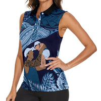 Father's Day Polynesian Pattern Women Sleeveless Polo Shirt Tropical Humpback Whale - Navy