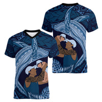 Father's Day Polynesian Pattern Women V-Neck T-Shirt Tropical Humpback Whale - Navy